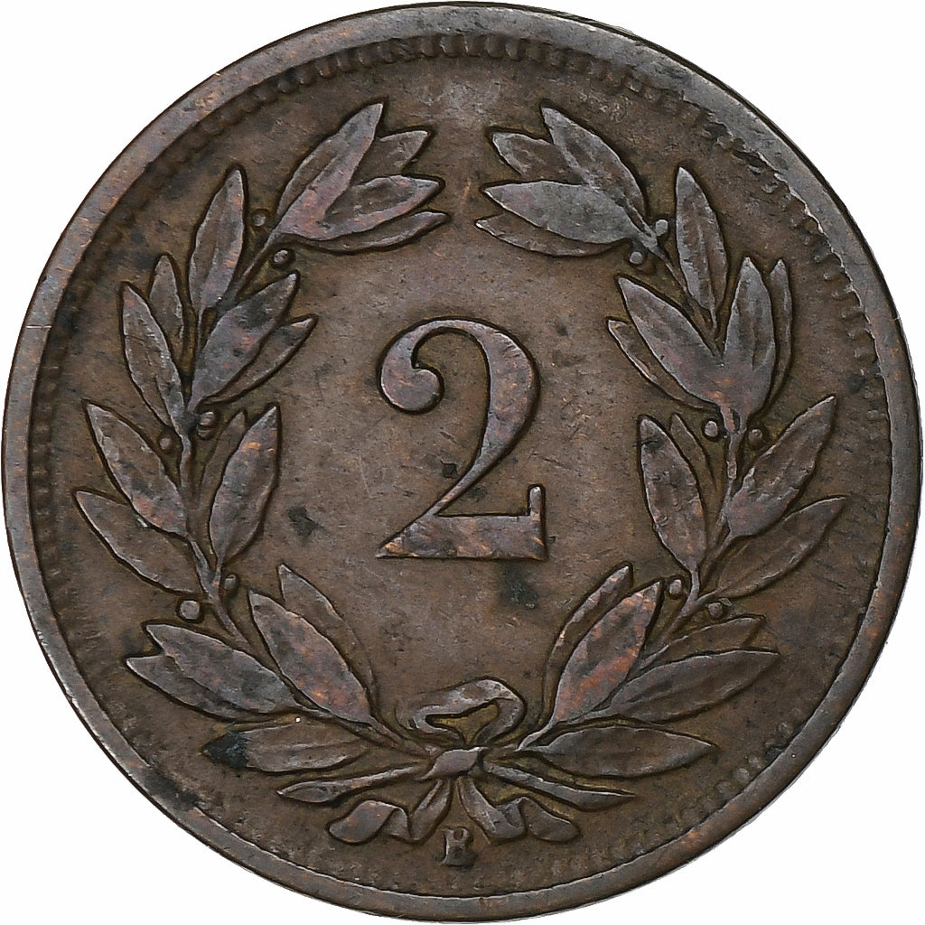 Szwajcaria, 2 Rappen, 1866, Bern, Brązowy, AU(50-53), KM:4