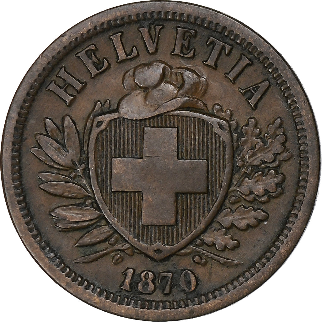 Switzerland, 2 Rappen, 1870, Bern, Bronze, AU(50-53), KM:4
