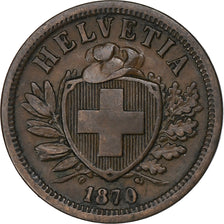 Switzerland, 2 Rappen, 1870, Bern, Bronze, AU(50-53), KM:4