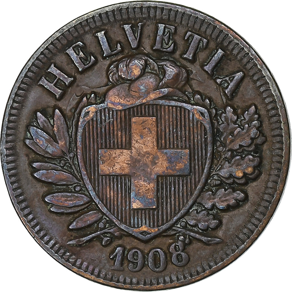 Switzerland, 2 Rappen, 1908, Bern, Bronze, AU(55-58), KM:4