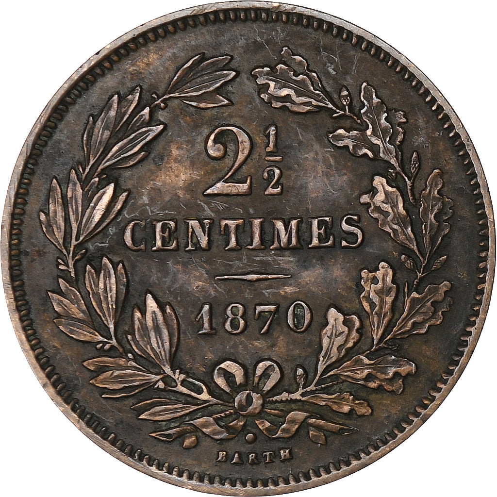 Luxembourg, William III, 2-1/2 Centimes, 1870, Brussels, Bronze, AU(50-53)