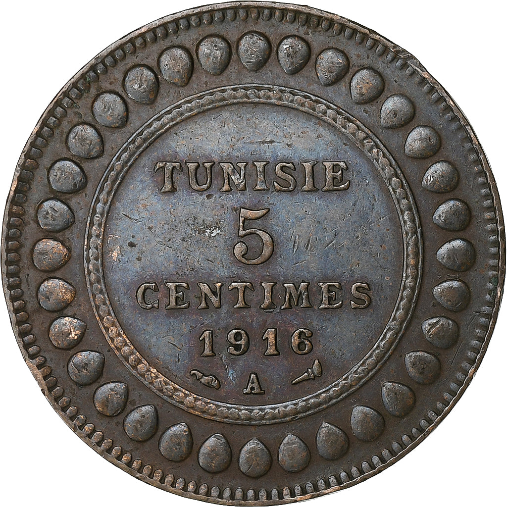 Tunísia, Muhammad al-Nasir Bey, 5 Centimes, 1916, Paris, Bronze, EF(40-45)