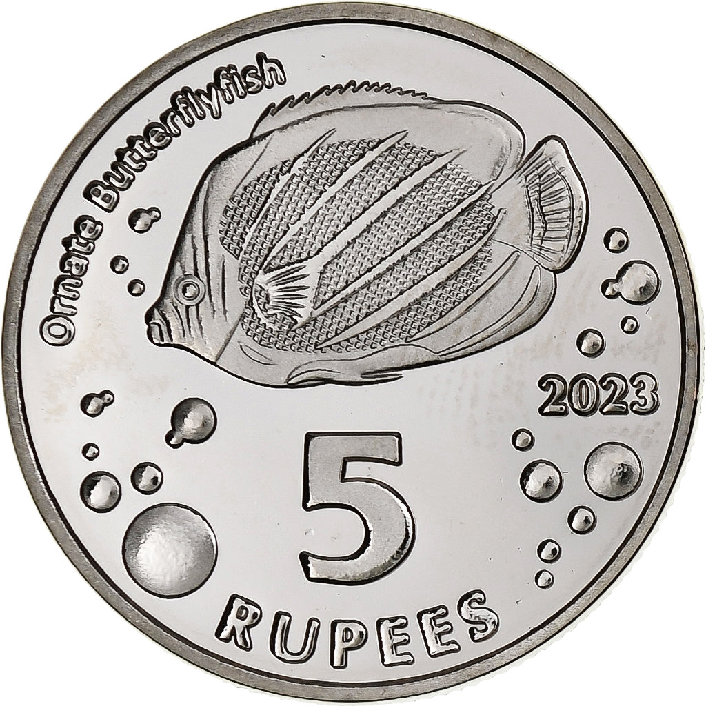 COCOS (KEELING) ISLANDS, 5 Rupees, Butterflyfish, 2023, Cobre - níquel, SC