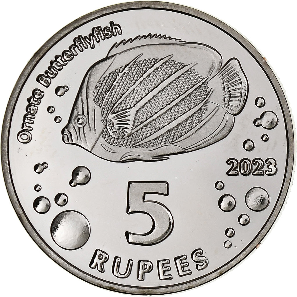 COCOS (KEELING) ISLANDS, 5 Rupees, Butterflyfish, 2023, Cobre - níquel, SC