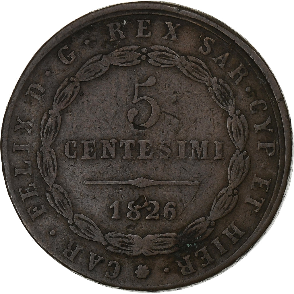 Kingdom of Sardinia, Carlo Felice, 5 Centesimi, 1826, Cobre, VF(30-35)