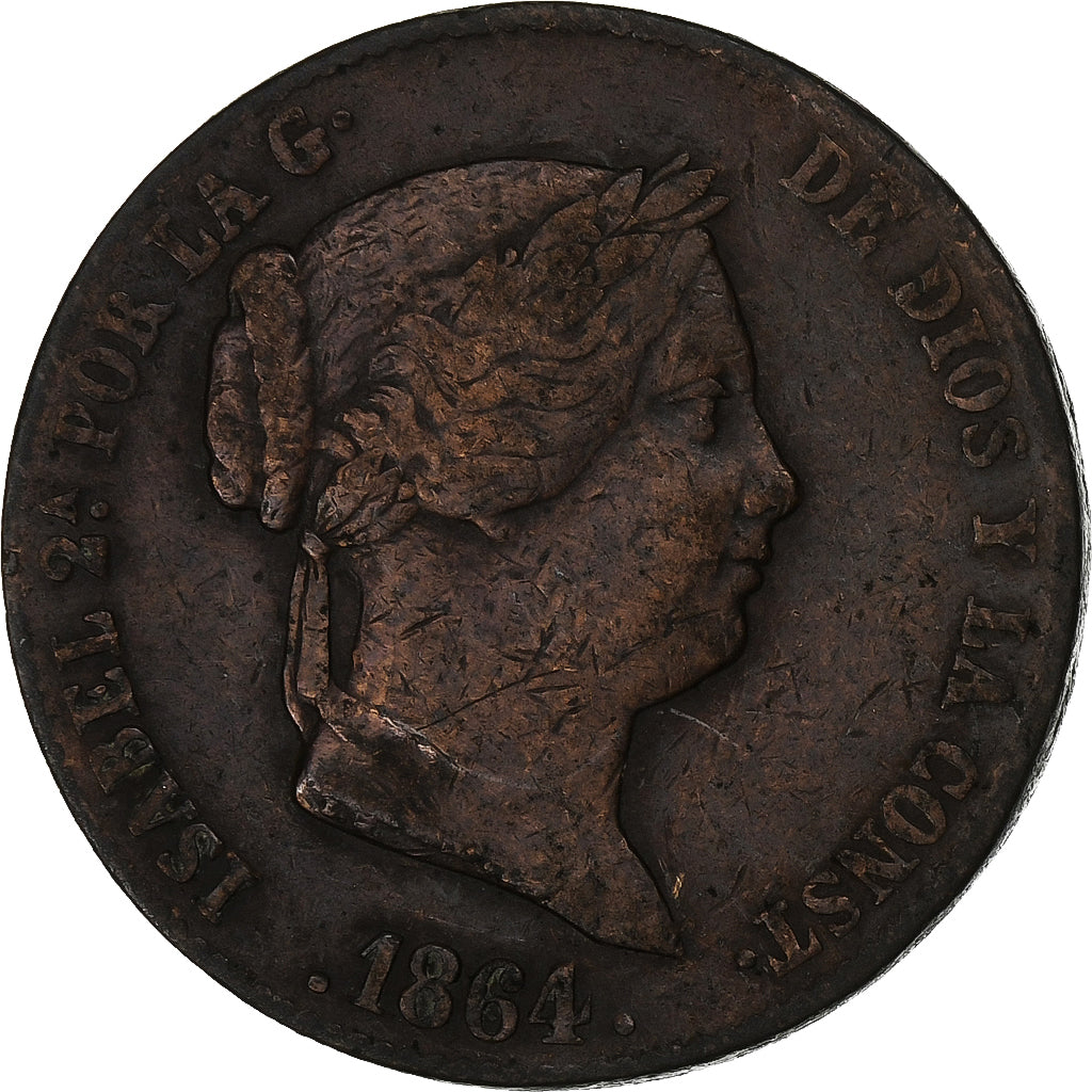 Hiszpania, Isabel II, 25 Cents, 1864, Barcelona, Miedź, VF(30-35), KM:615