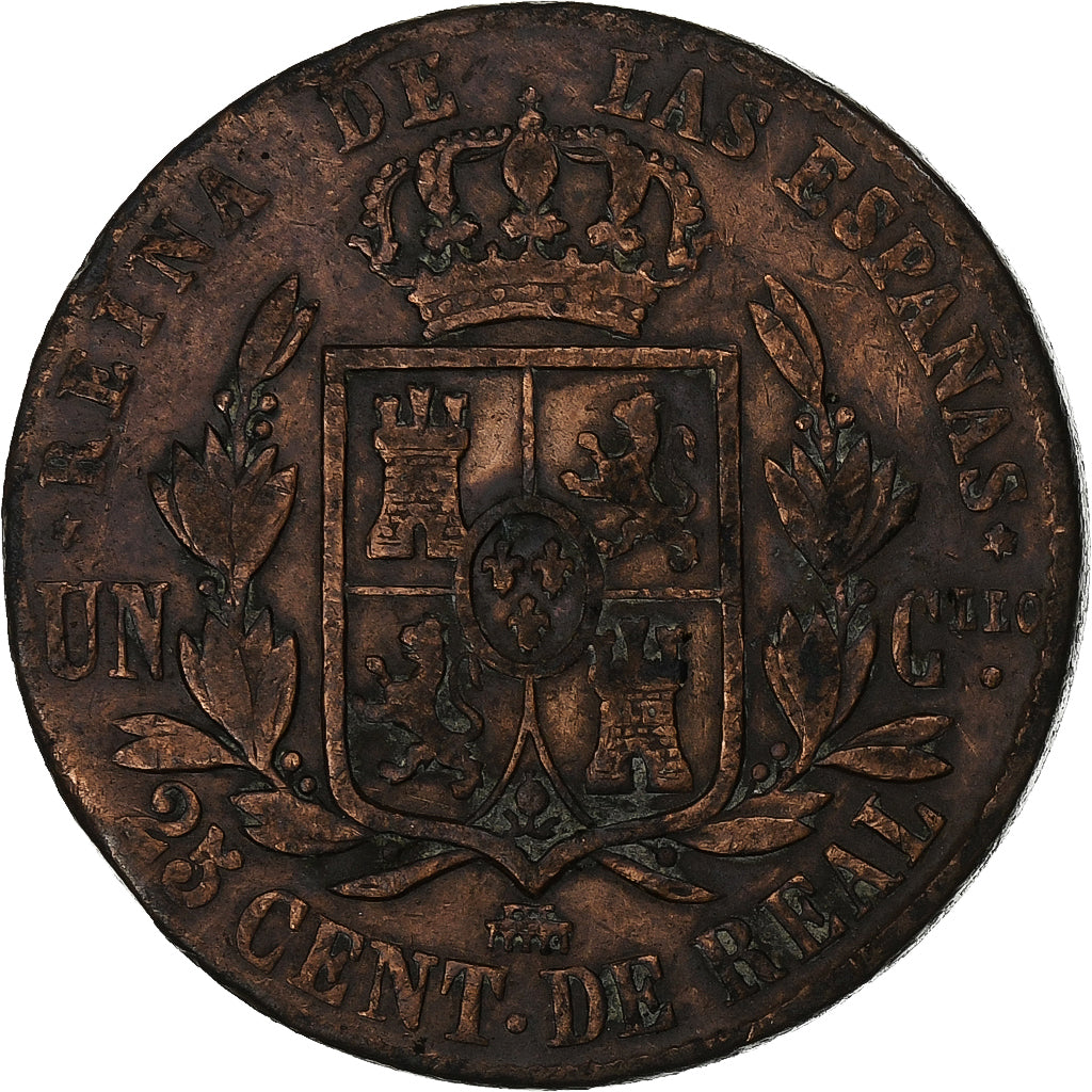 Hiszpania, Isabel II, 25 Cents, 1864, Barcelona, Miedź, VF(30-35), KM:615