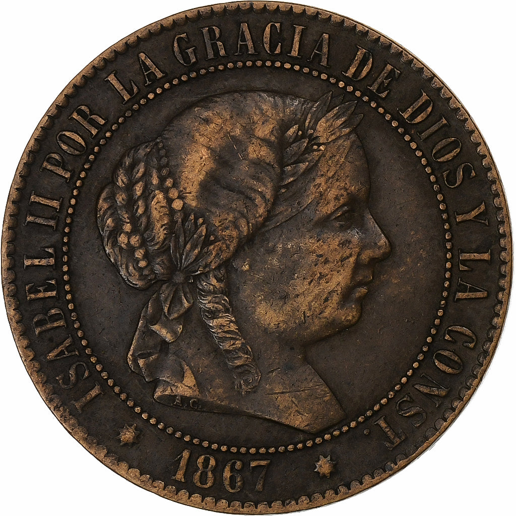 Hiszpania, Isabel II, 2-1/2 Centimos, 1867, Madrid, Brązowy, VF(30-35), KM:634