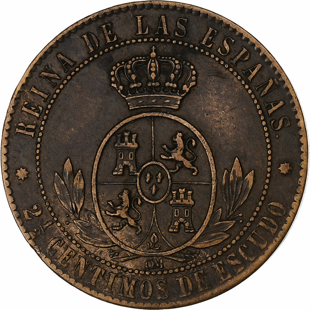Hiszpania, Isabel II, 2-1/2 Centimos, 1867, Madrid, Brązowy, VF(30-35), KM:634