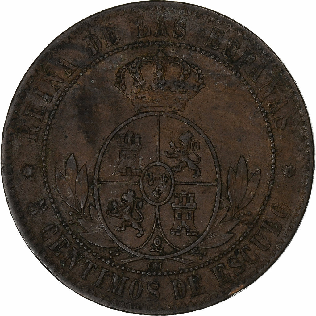 Spain, Isabel II, 5 Centimos, 1868, Madrid, Bronze, EF(40-45), KM:635