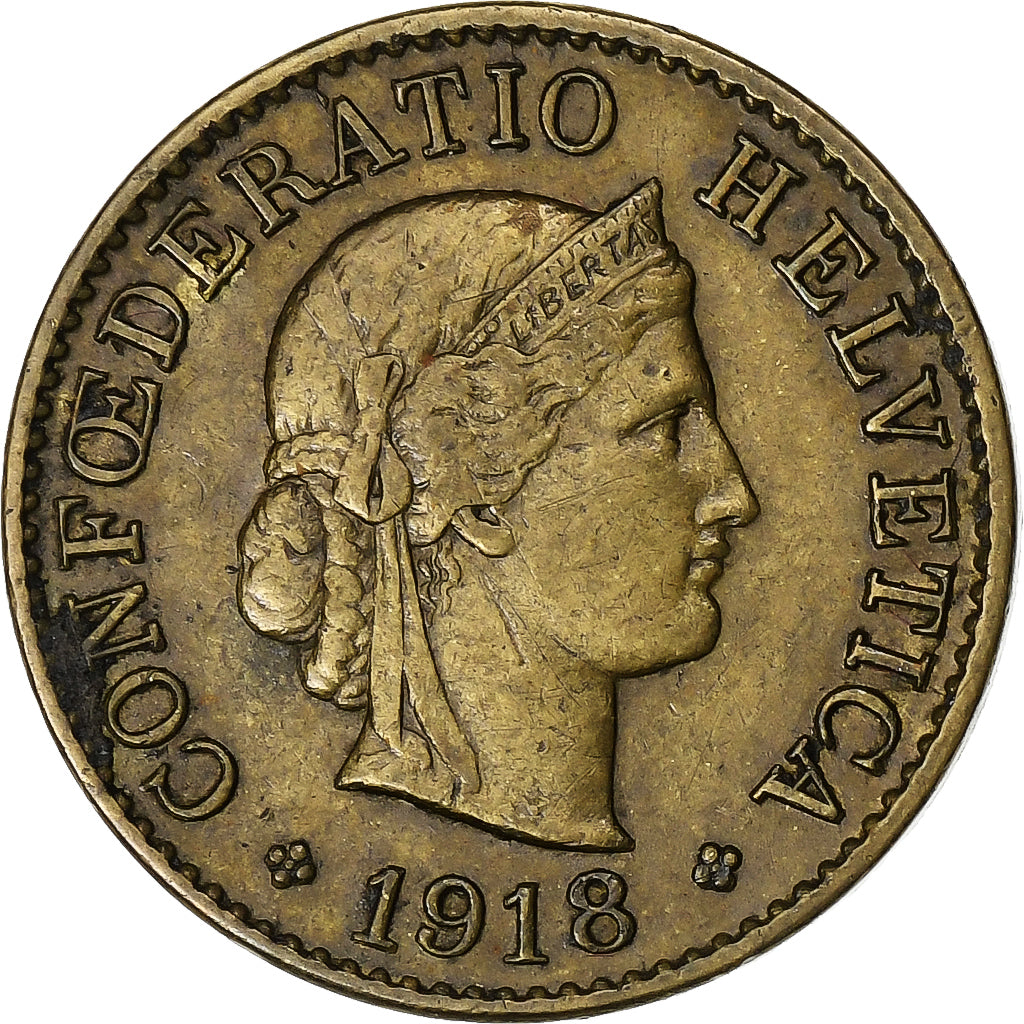 Switzerland, 5 Rappen, Libertas, 1918, Bern, Brass, EF(40-45), KM:26