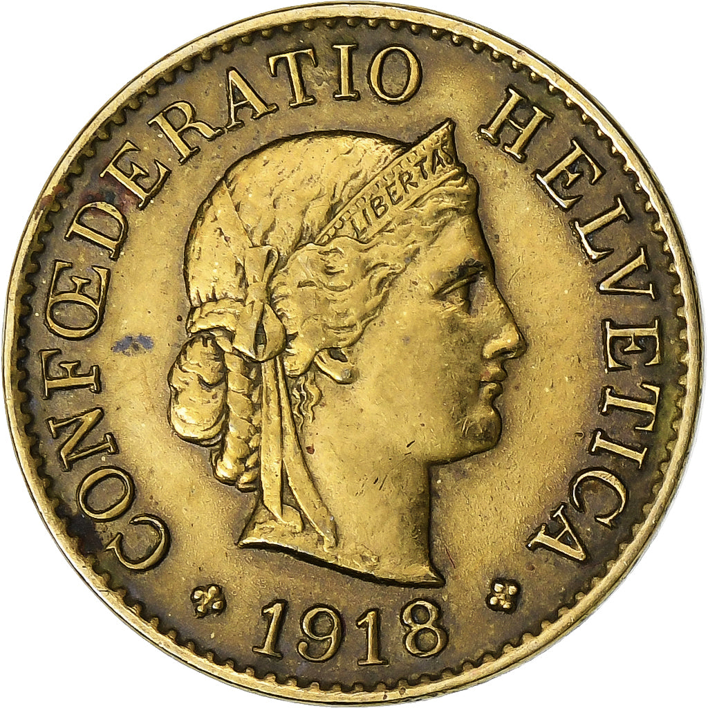 Switzerland, 5 Rappen, Libertas, 1918, Bern, Brass, EF(40-45), KM:26