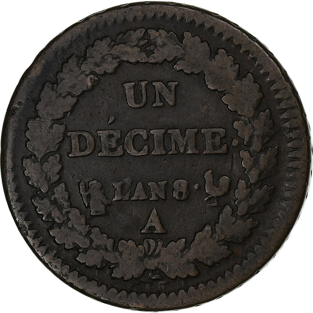 Francja, Decime, Dupré, AN 8, Paris, Miedź, VF(20-25), Gadoury:187a