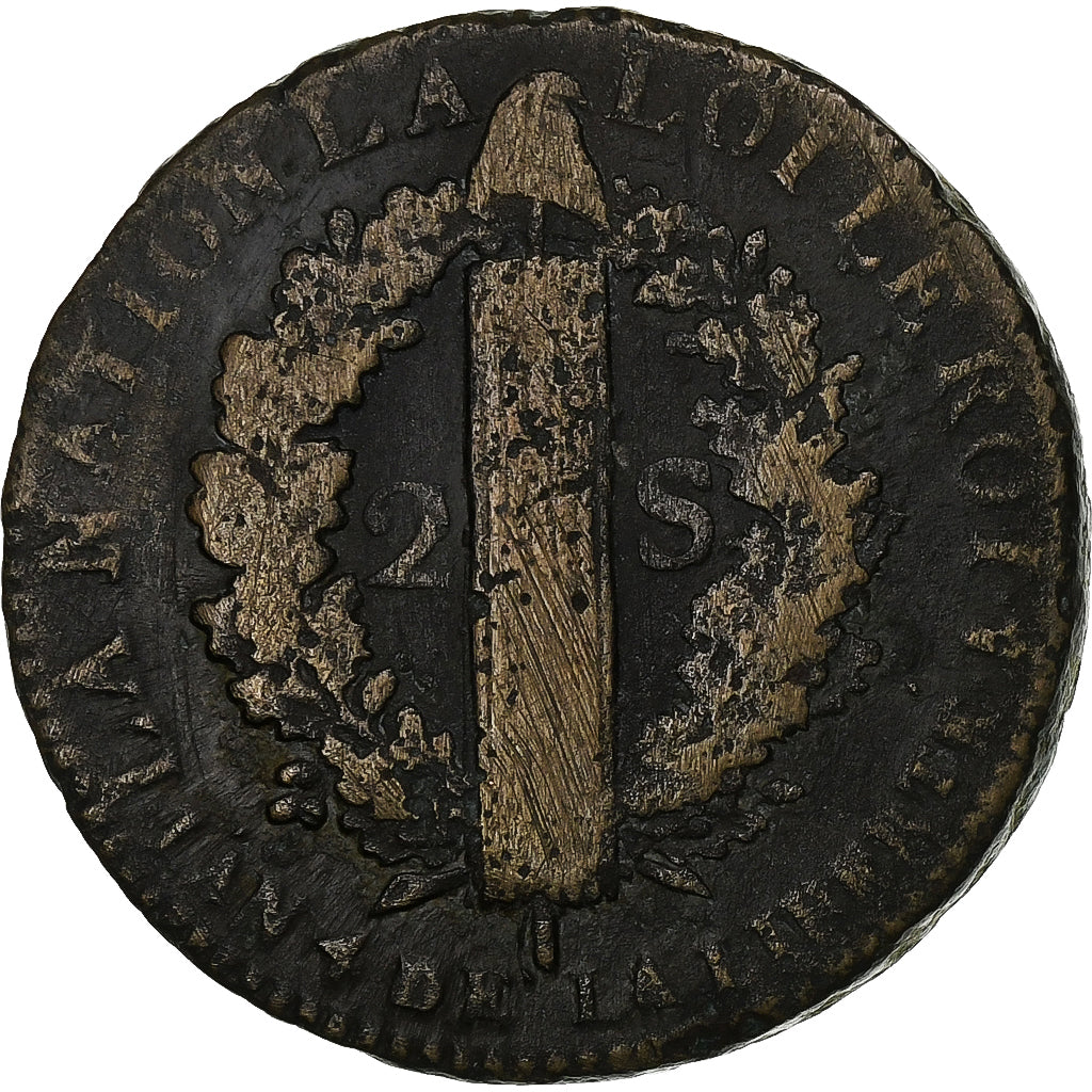 France, 2 Sols, 1792 / AN 4, Lille, Métal de cloche, TB, Gadoury:25