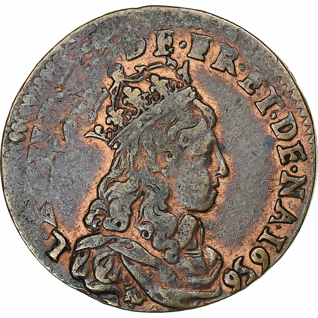 Frankrijk, Louis XIV, Liard, 1656, Pont-de-l'Arche, Koper, ZF, Gadoury:80