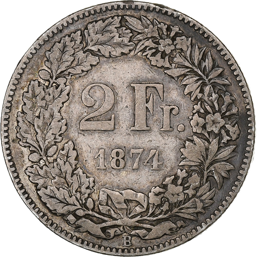 Suiza, 2 Francs, Helvetia, 1874, Bern, Plata, MBC, KM:21