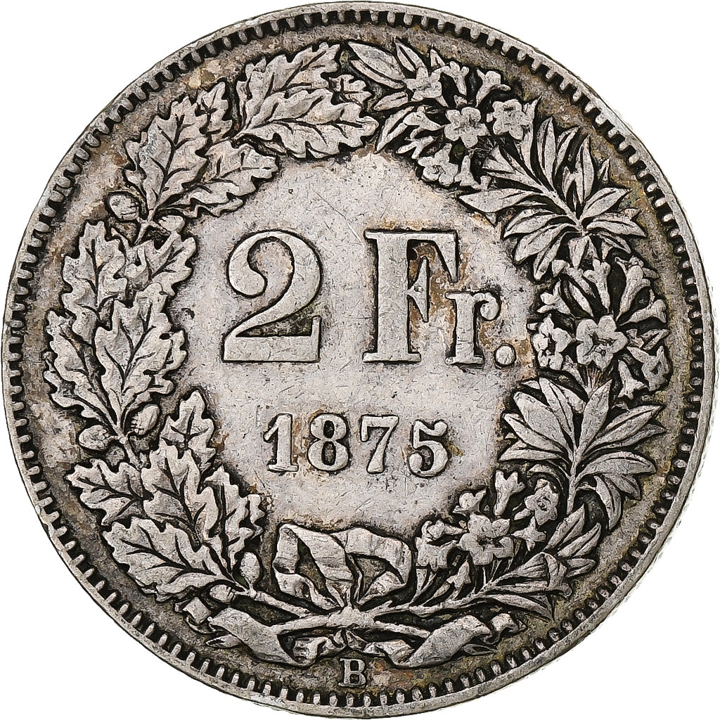 Switzerland, 2 Francs, Helvetia, 1875, Bern, Silver, EF(40-45), KM:21