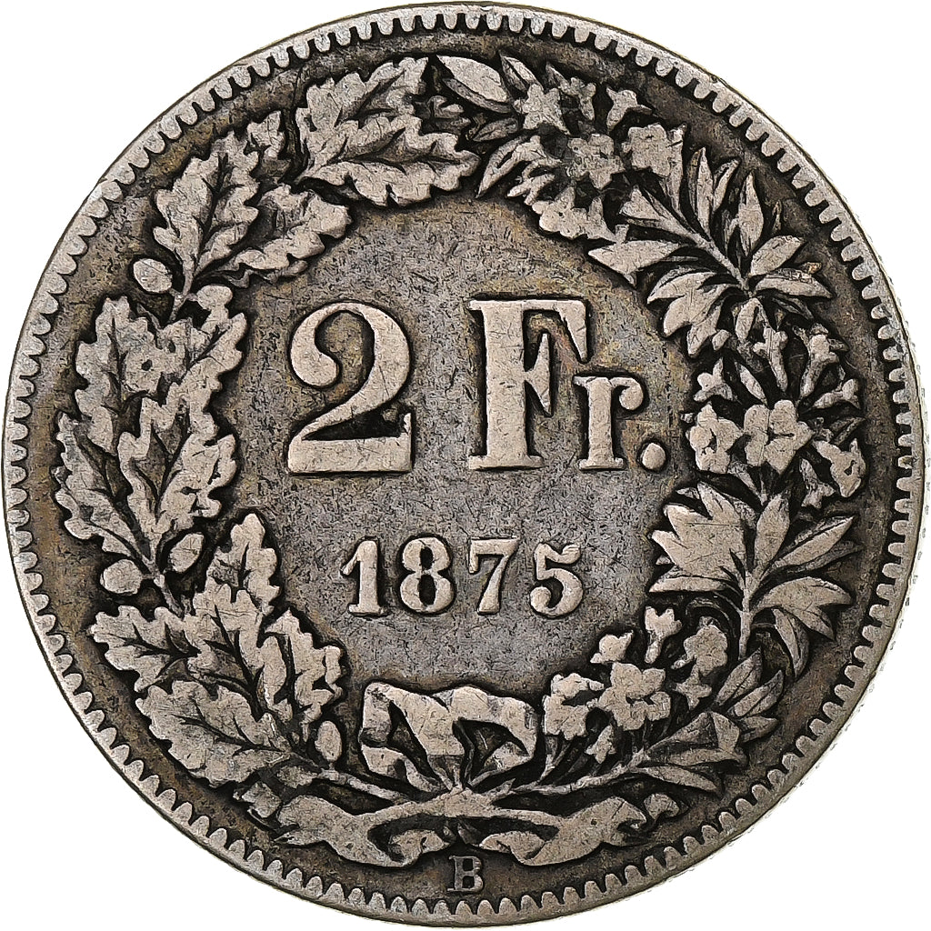 Suiza, 2 Francs, Helvetia, 1875, Bern, Plata, BC+, KM:21