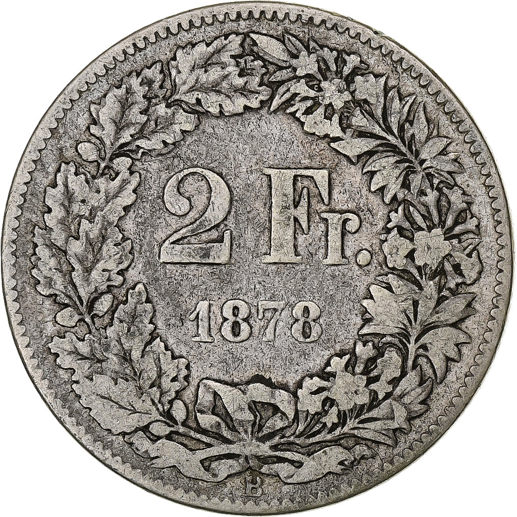 Suiza, 2 Francs, Helvetia, 1878, Bern, Plata, BC+, KM:21