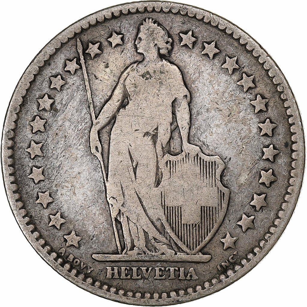 Suiza, 2 Francs, Helvetia, 1879, Bern, Plata, BC+, KM:21