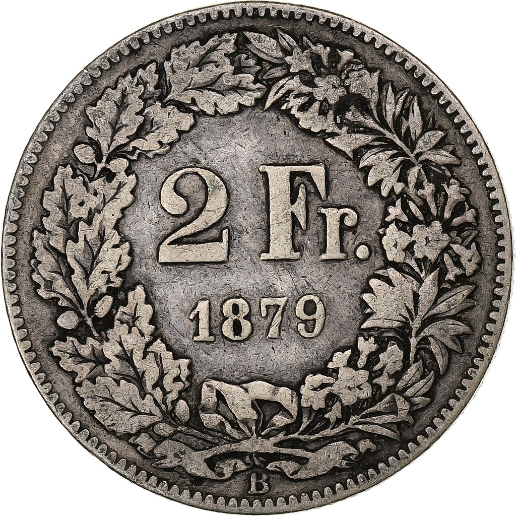 Suiza, 2 Francs, Helvetia, 1879, Bern, Plata, BC+, KM:21