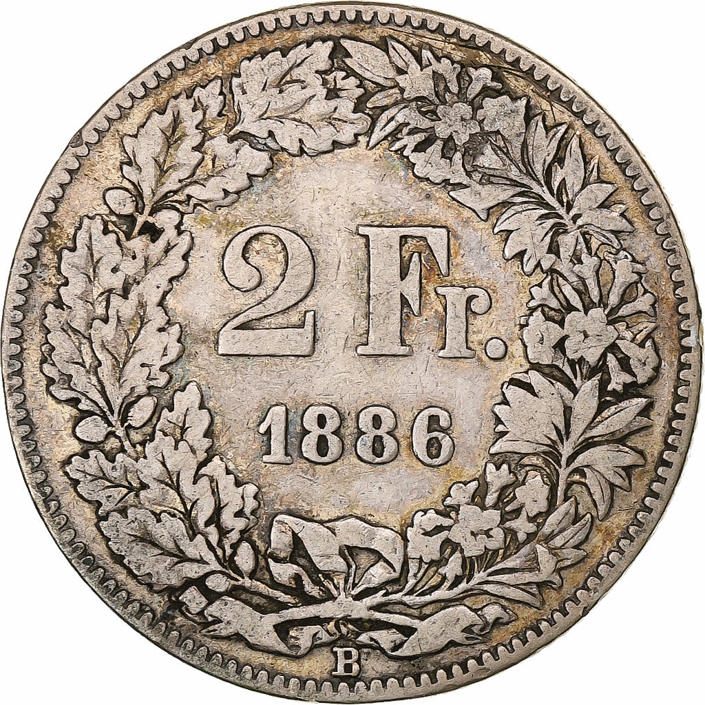 Suiza, 2 Francs, Helvetia, 1886, Bern, Plata, BC+, KM:21