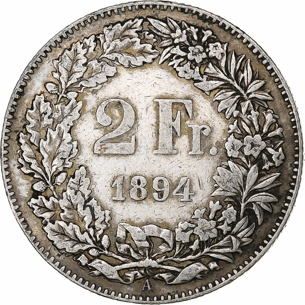 Switzerland, 2 Francs, Helvetia, 1894, Paris, Silver, EF(40-45), KM:21