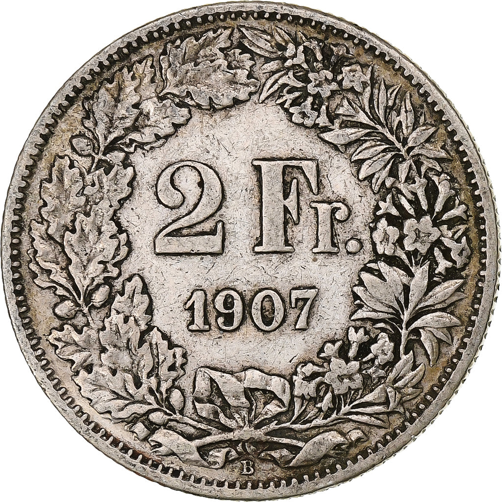 Suiza, 2 Francs, Helvetia, 1907, Bern, Plata, BC+, KM:21