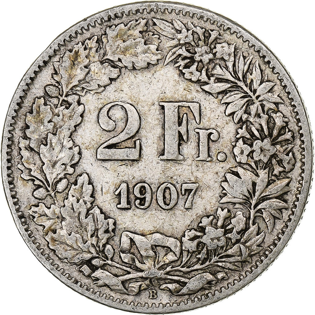 Suiza, 2 Francs, Helvetia, 1907, Bern, Plata, MBC, KM:21