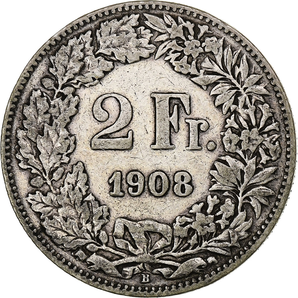 Switzerland, 2 Francs, Helvetia, 1908, Bern, Silver, VF(20-25), KM:21