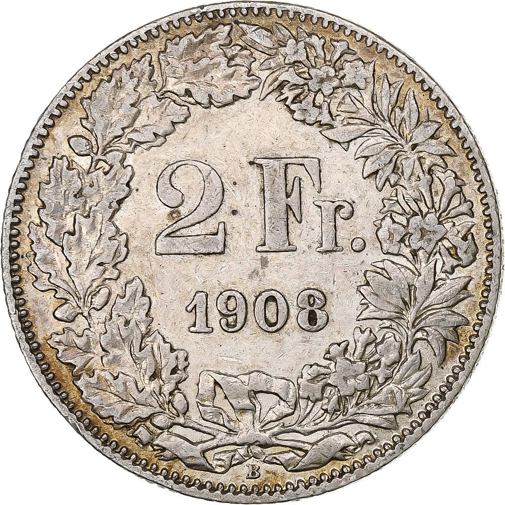 Switzerland, 2 Francs, Helvetia, 1908, Bern, Silver, VF(30-35), KM:21
