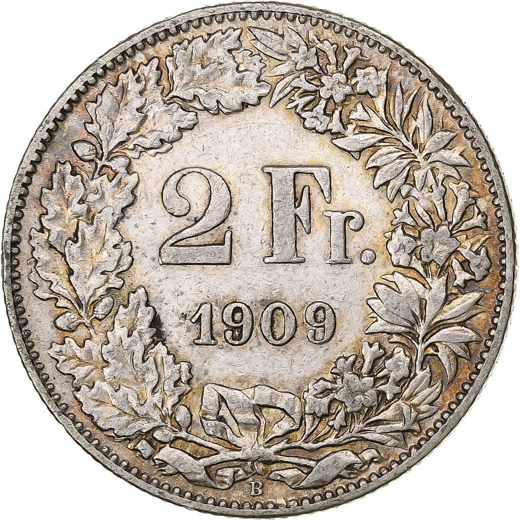 Suiza, 2 Francs, Helvetia, 1909, Bern, Plata, MBC+, KM:21