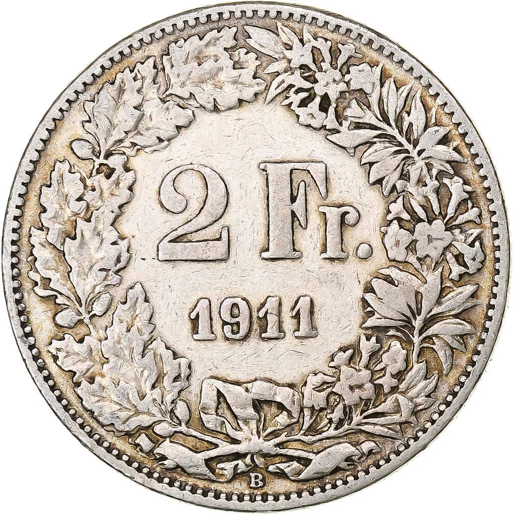 Suiza, 2 Francs, Helvetia, 1911, Bern, Plata, BC+, KM:21