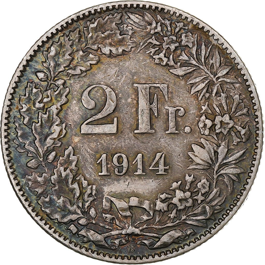 Suiza, 2 Francs, Helvetia, 1914, Bern, Plata, MBC, KM:21
