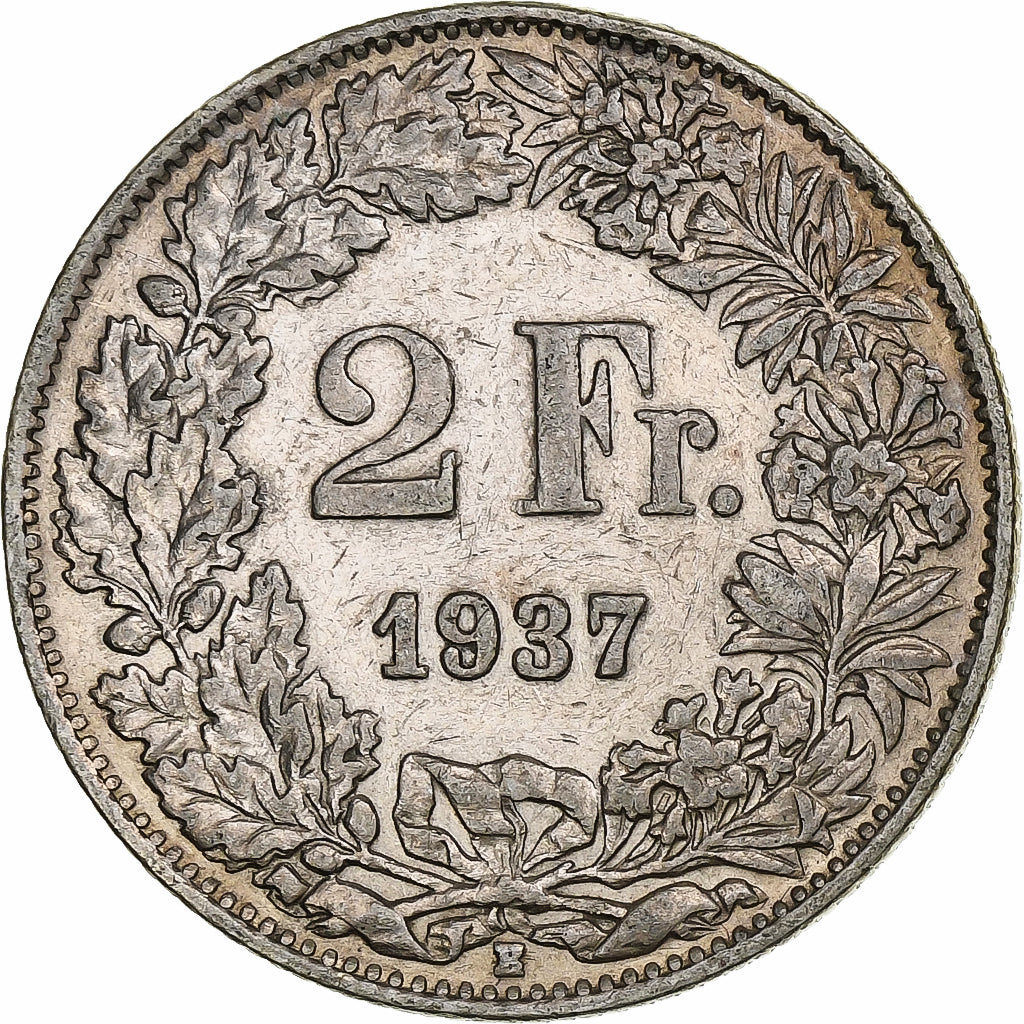 Switzerland, 2 Francs, Helvetia, 1937, Bern, Silver, EF(40-45), KM:21