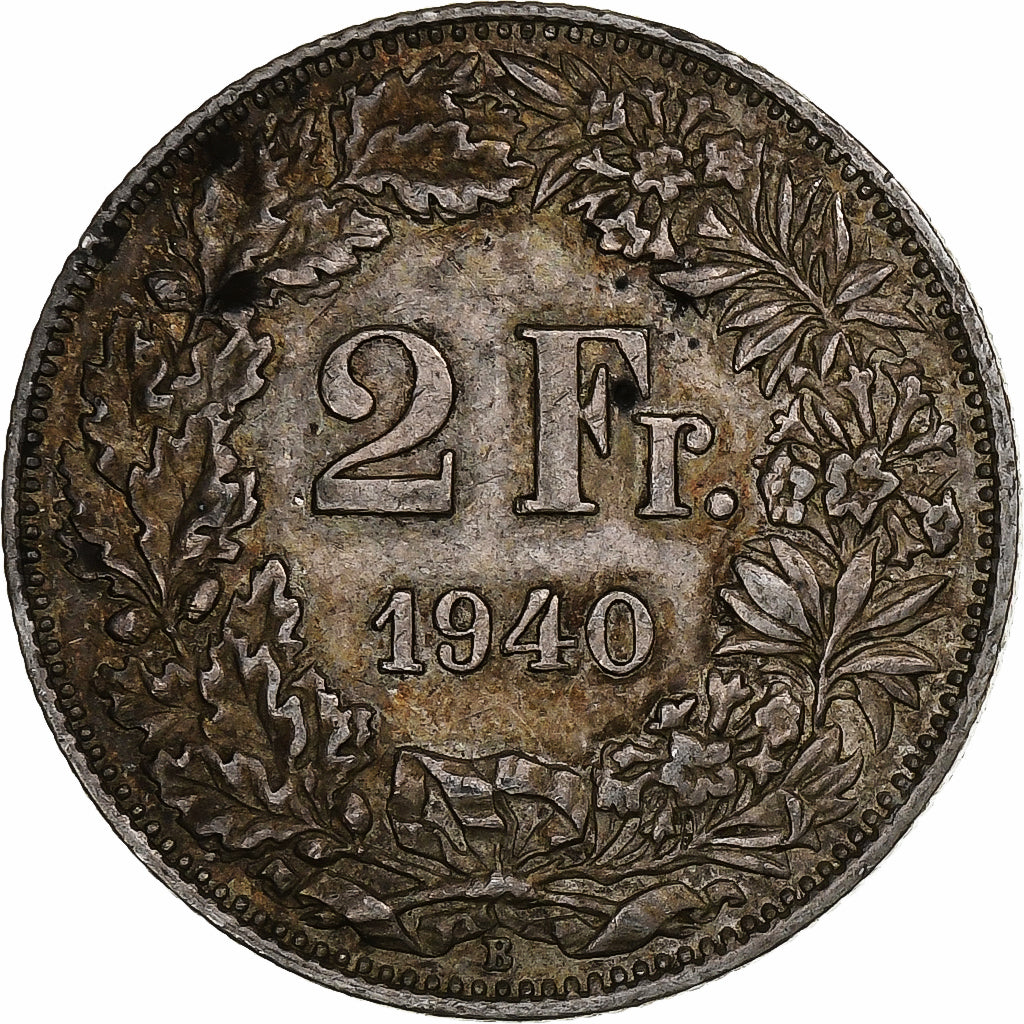 Suiza, 2 Francs, Helvetia, 1940, Bern, Plata, MBC+, KM:21