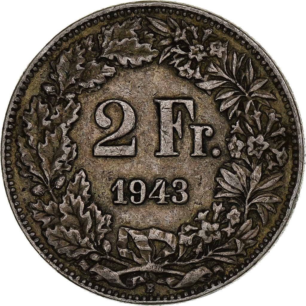 Suiza, 2 Francs, Helvetia, 1943, Bern, Plata, MBC+, KM:21