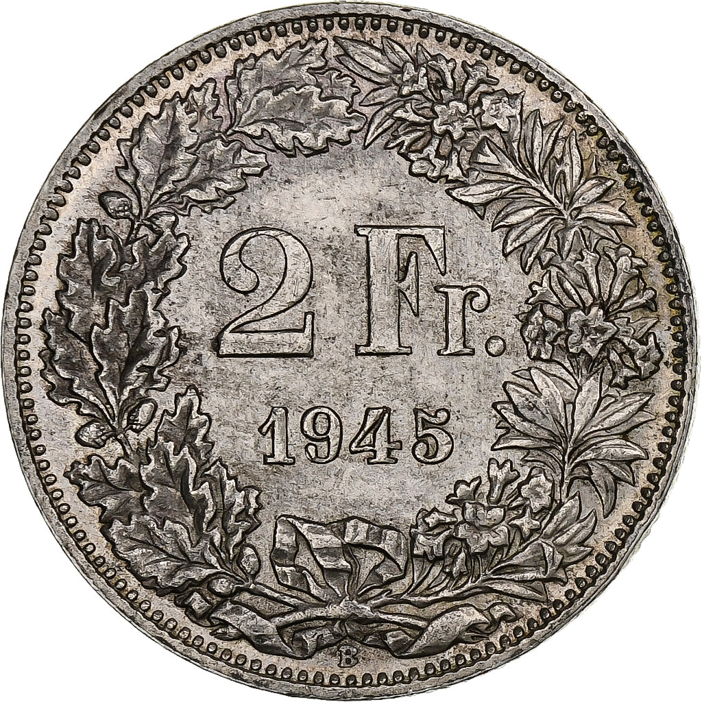 Suiza, 2 Francs, Helvetia, 1945, Bern, Plata, EBC+, KM:21