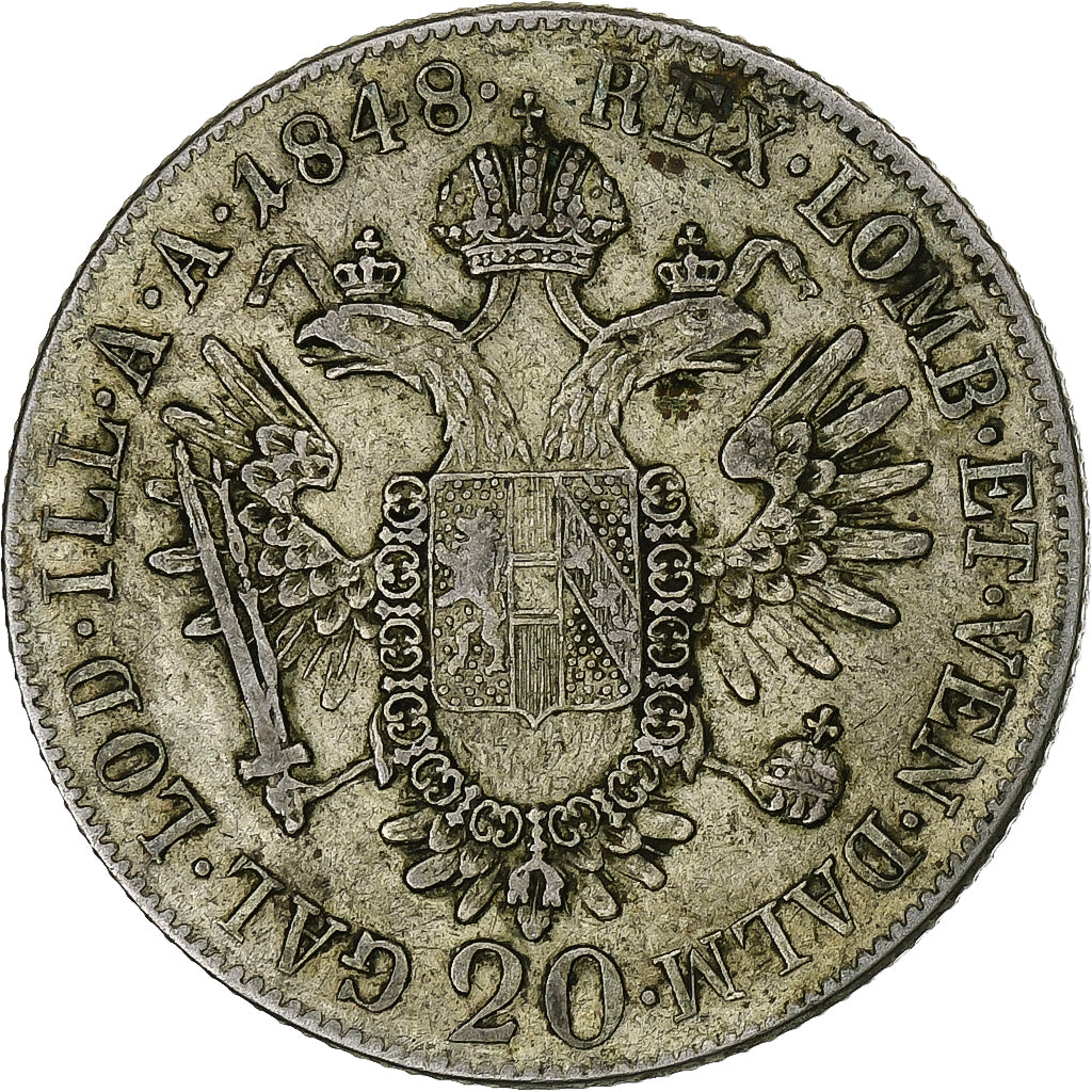 Áustria, Ferdinand I, 20 Kreuzer, 1848, Vienna, Prata, VF(20-25), KM:2208