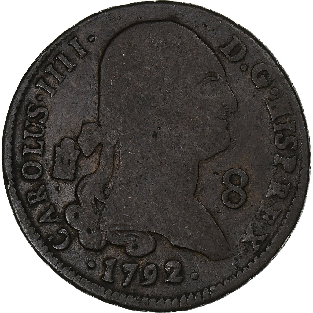 Spain, Charles IV, 8 Maravedis, 1792, Segovia, Copper, VF(20-25), KM:428