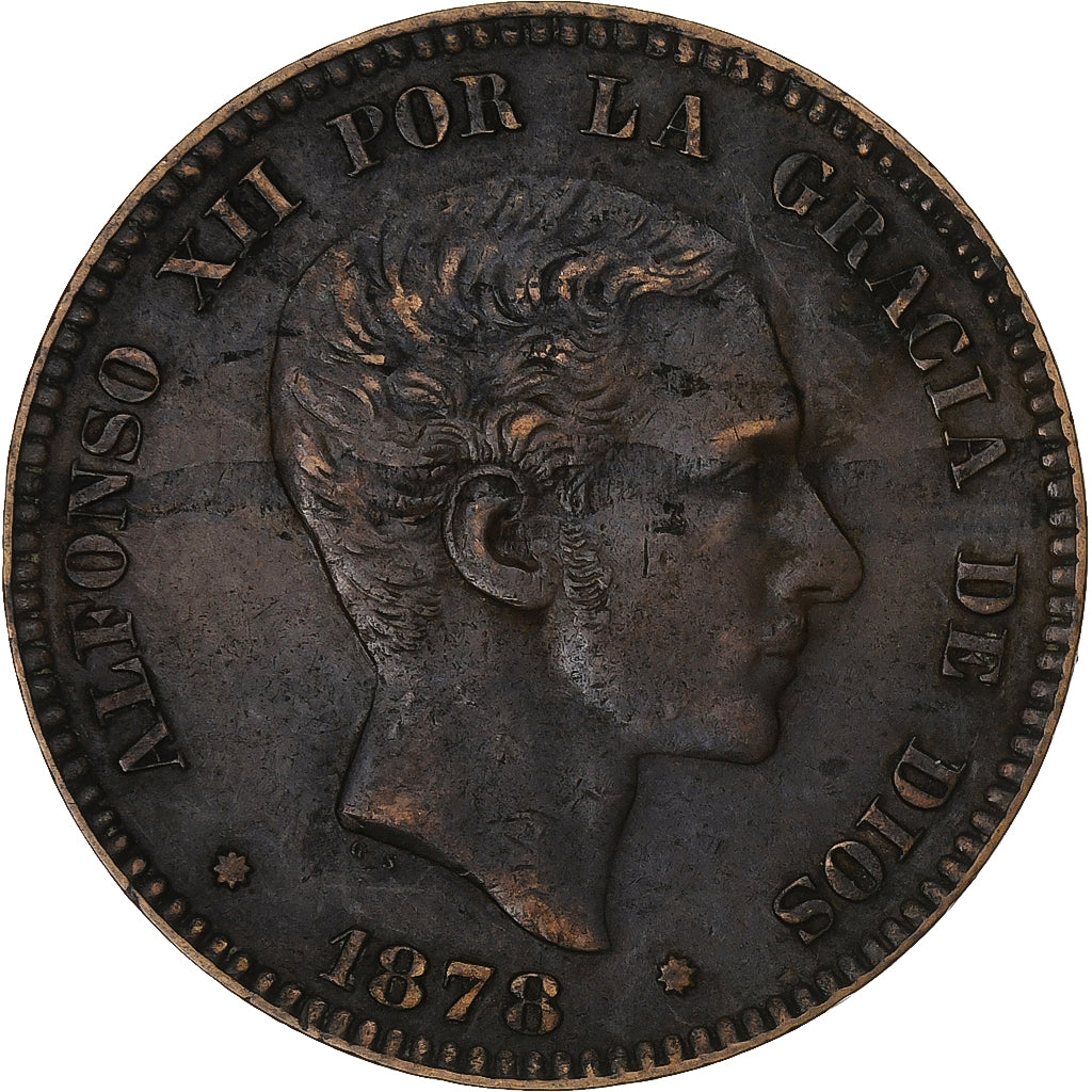Spain, Alfonso XII, 10 Centimos, 1878, Barcelona, Bronze, EF(40-45), KM:675