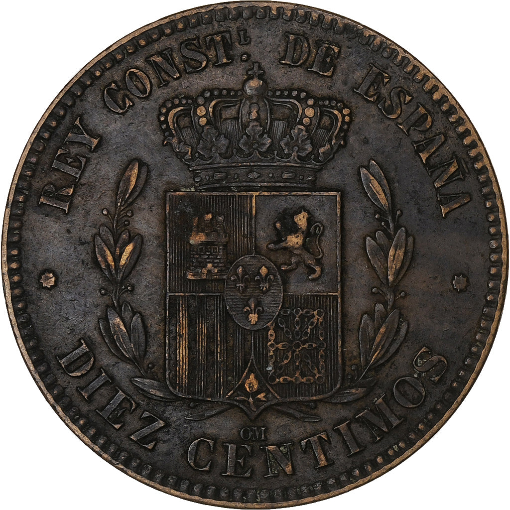 Spain, Alfonso XII, 10 Centimos, 1878, Barcelona, Bronze, EF(40-45), KM:675