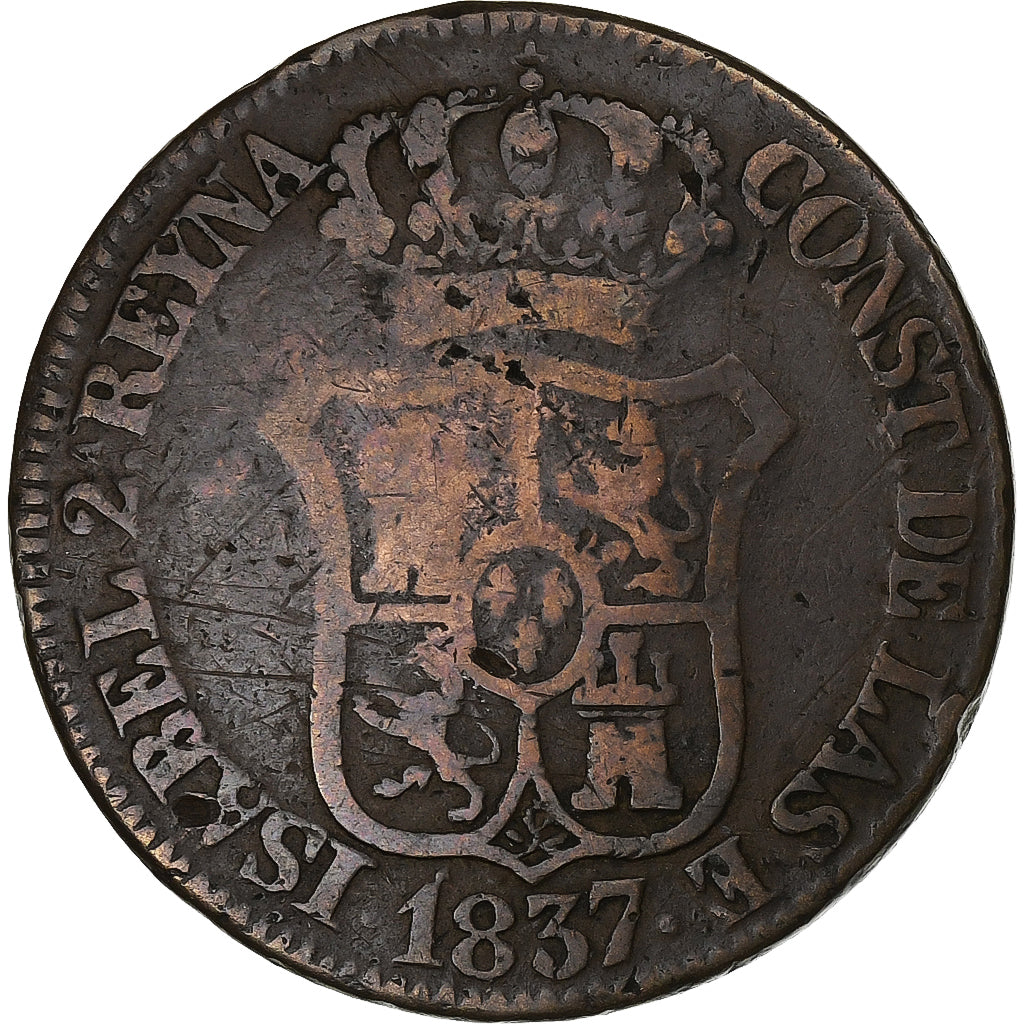 Hiszpania, CATALONIA, 3 Quartos, 1837, Barcelona, Miedź, VF(20-25), KM:126