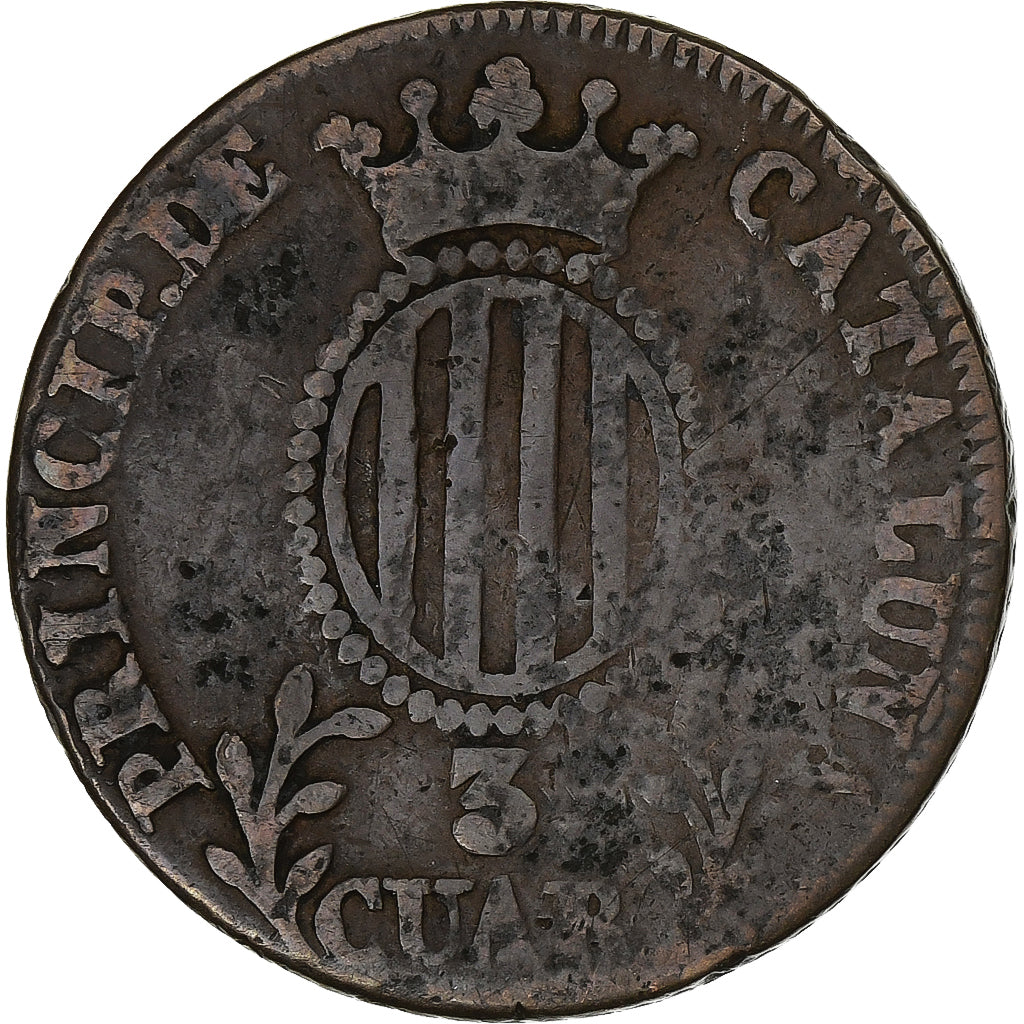 Hiszpania, CATALONIA, 3 Quartos, 1837, Barcelona, Miedź, VF(20-25), KM:126