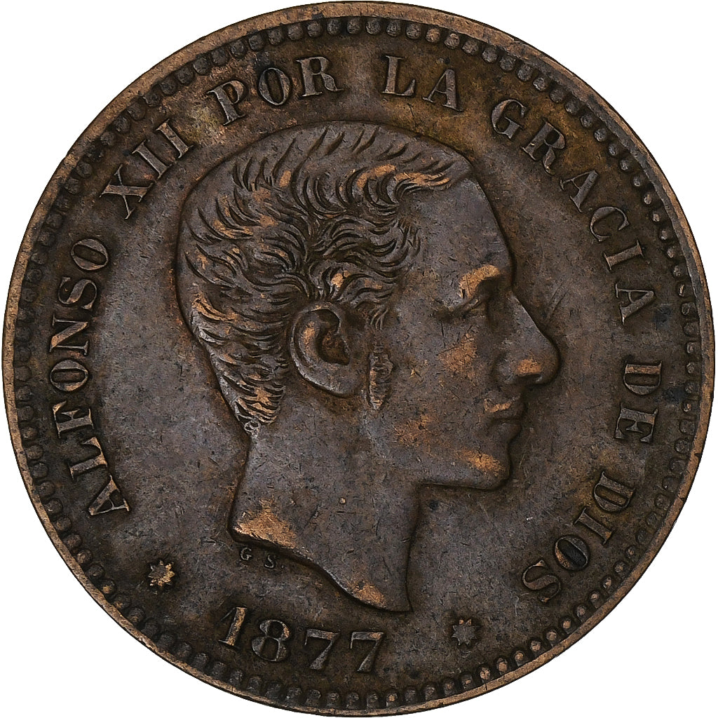 Spain, Alfonso XII, 5 Centimos, 1877, Barcelona, Bronze, EF(40-45), KM:674