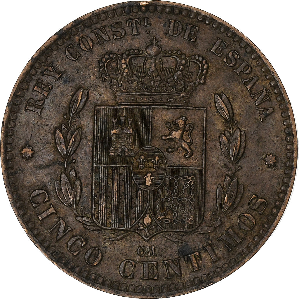 Spain, Alfonso XII, 5 Centimos, 1877, Barcelona, Bronze, EF(40-45), KM:674