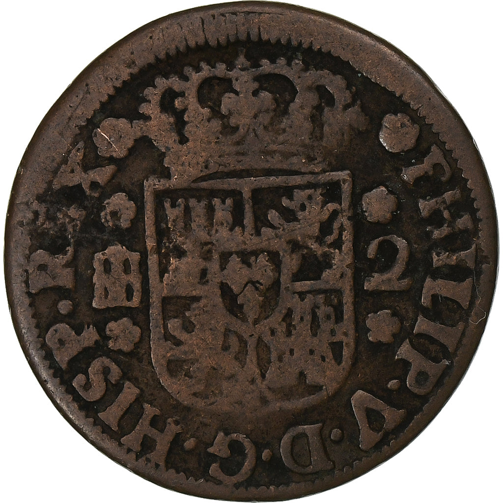 Spain, Philip V, 2 Maravedis, 1745, Copper, F(12-15), KM:366