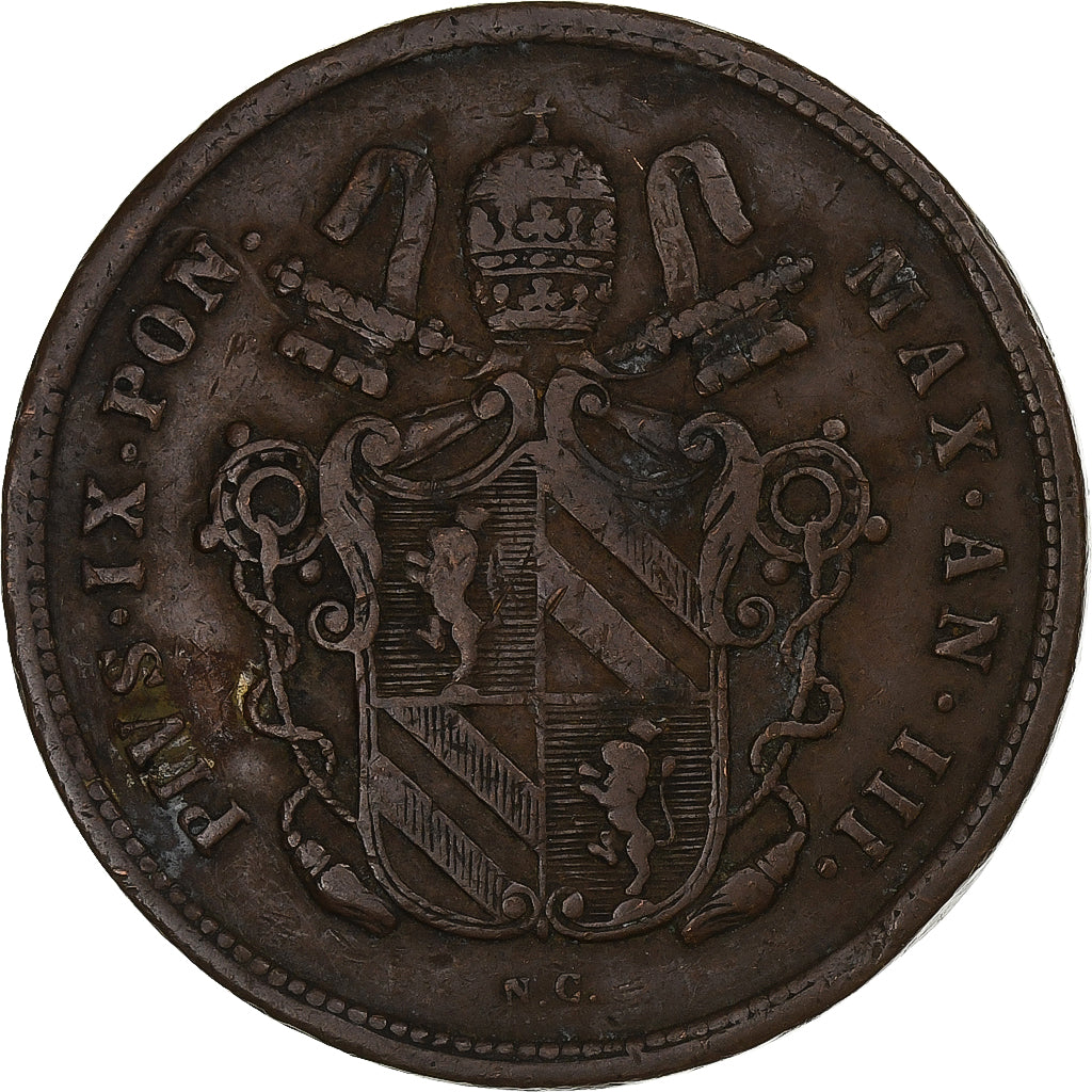 Papal States, Pius IX, 2 Baiocchi, 1848, Rome, Cobre, EF(40-45), KM:1344