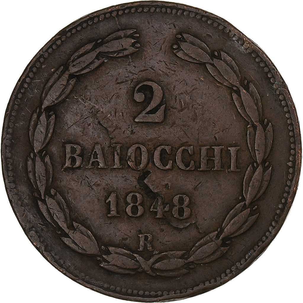 Papal States, Pius IX, 2 Baiocchi, 1848, Rome, Cobre, EF(40-45), KM:1344