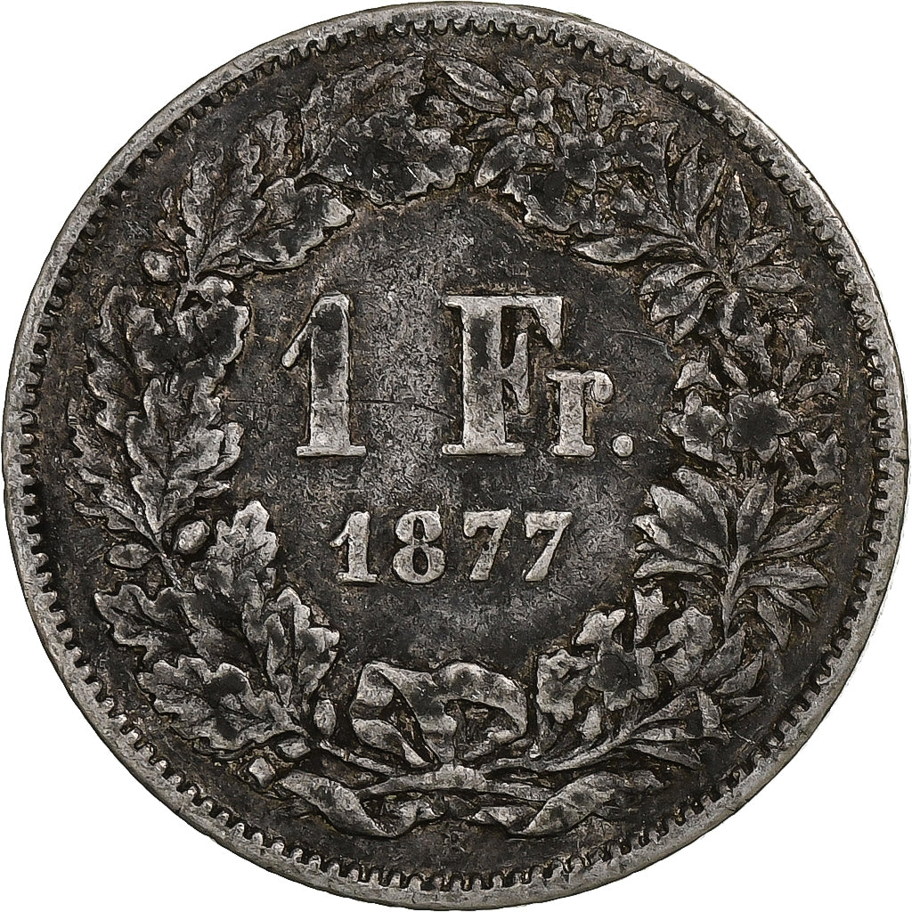 Suiza, Franc, Helvetia, 1877, Bern, Plata, BC+, KM:29a